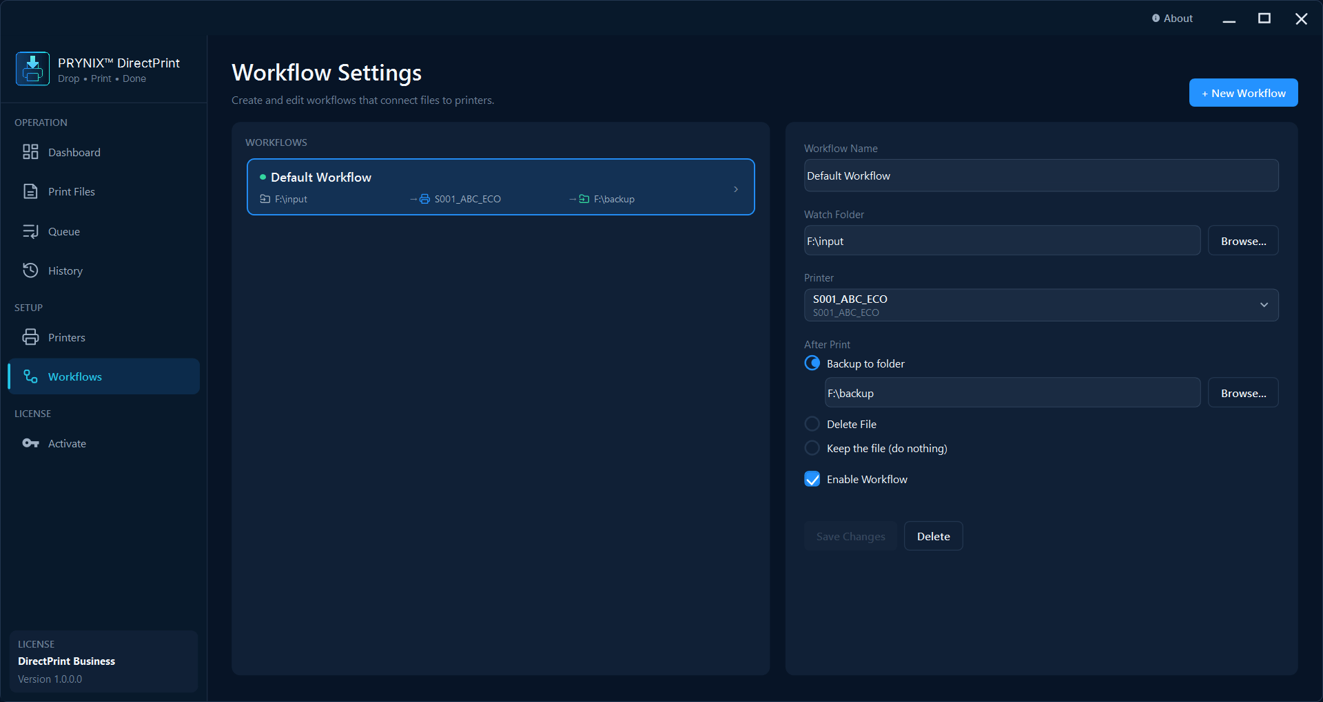 DirectPrint workflow settings