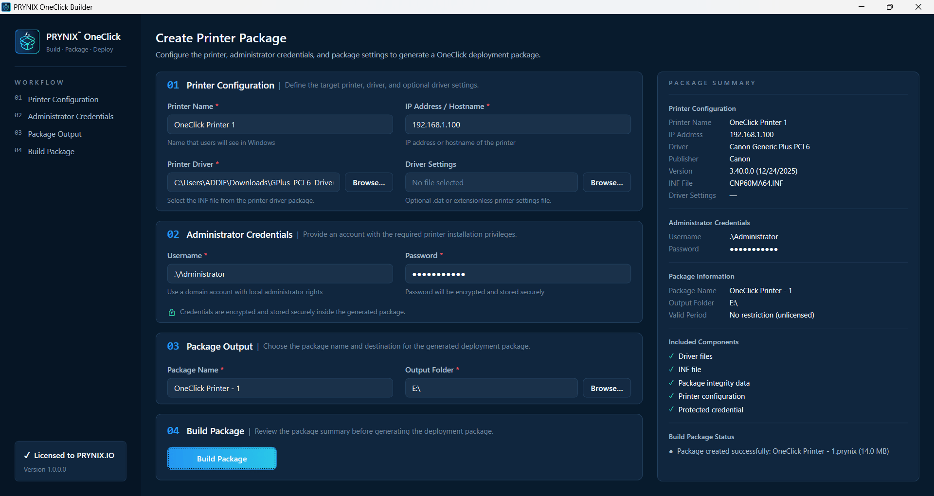 PRYNIX OneClick Builder interface